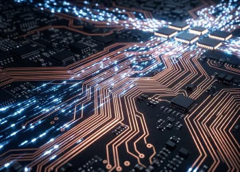 Close up of abstract digital circuit board pathways glowing with high speed data light.