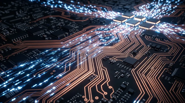 Close up of abstract digital circuit board pathways glowing with high speed data light.