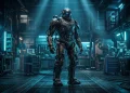 A conceptual high-tech exoskeleton suit in a futuristic industrial setting.