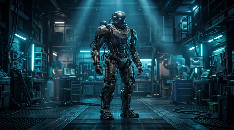 A conceptual high-tech exoskeleton suit in a futuristic industrial setting.