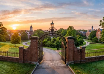 A historic brick gateway to a collegiate campus under a clear morning sky.