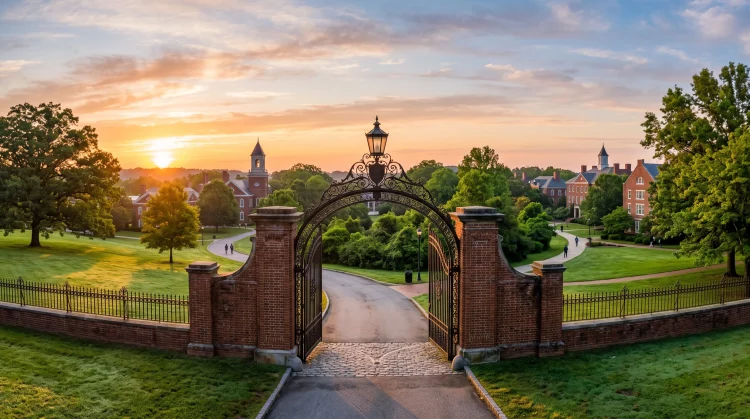 A historic brick gateway to a collegiate campus under a clear morning sky.