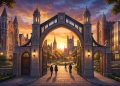 A conceptual illustration of a university campus entrance representing Hillman College.