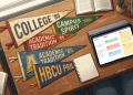 A conceptual desk setup with vintage and modern college items.