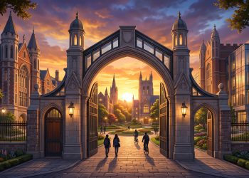 A conceptual illustration of a university campus entrance representing Hillman College.