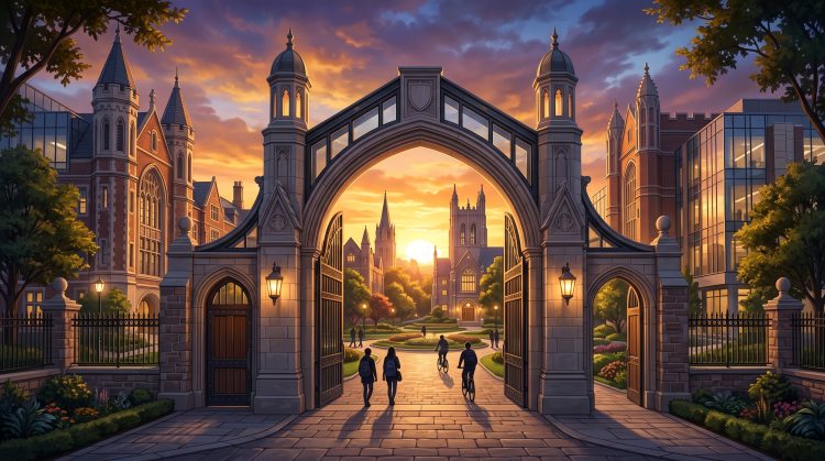 A conceptual illustration of a university campus entrance representing Hillman College.