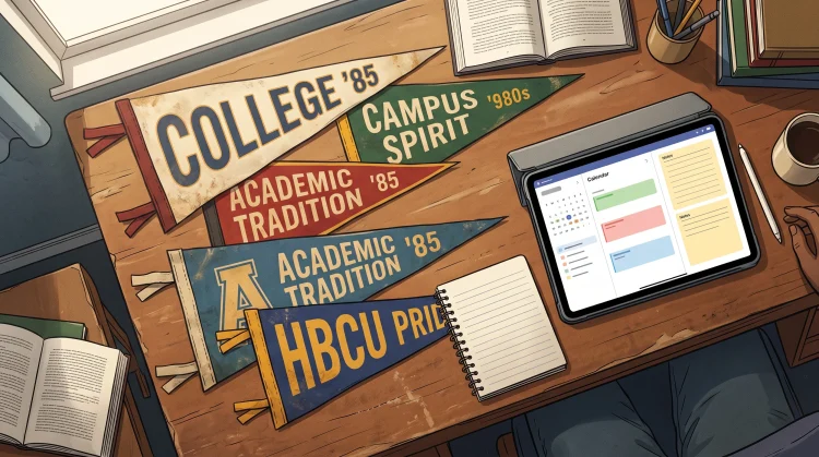 A conceptual desk setup with vintage and modern college items.