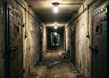 A dimly lit concrete hallway inside a historical bunker with heavy metal doors.