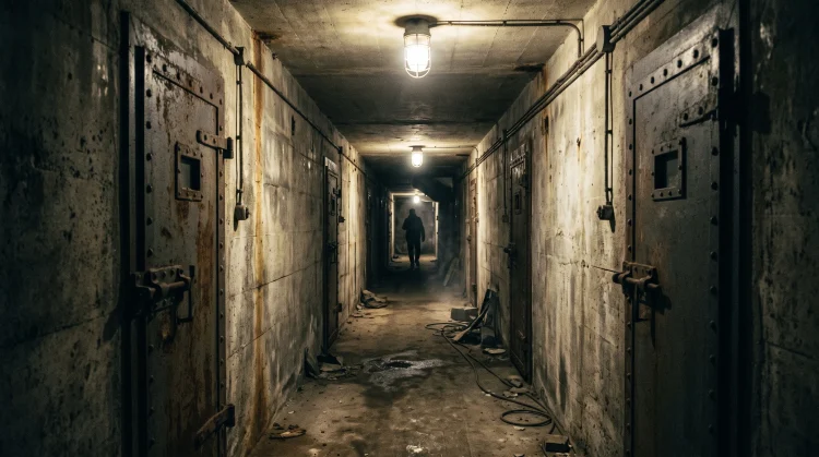 A dimly lit concrete hallway inside a historical bunker with heavy metal doors.