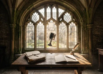 Conceptual image of a magical classroom setting with a floating goblet and parchment.