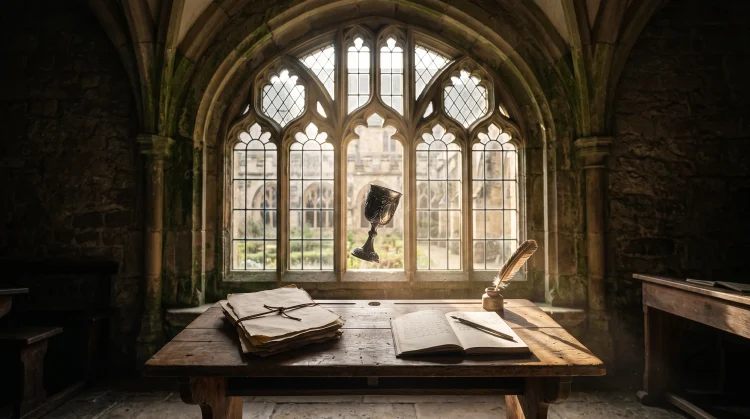 Conceptual image of a magical classroom setting with a floating goblet and parchment.