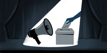 Conceptual illustration of a megaphone and ballot box under a spotlight.