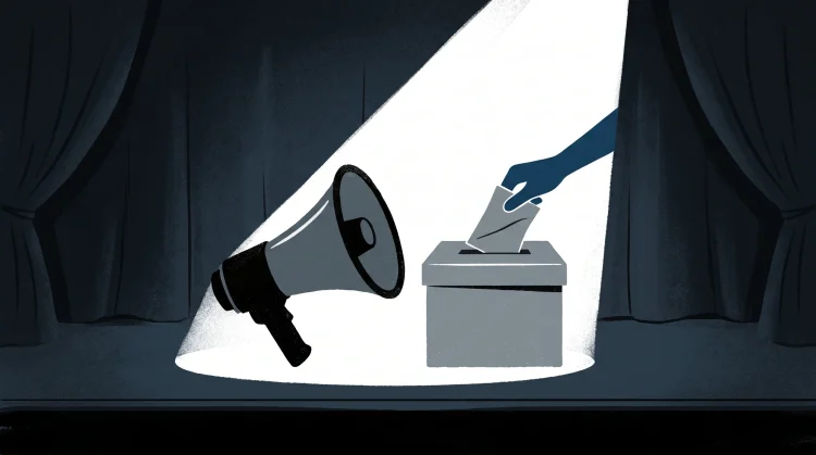 Conceptual illustration of a megaphone and ballot box under a spotlight.