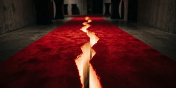 A conceptual image of a red carpet split down the middle representing a anonymous silhouettes breakup.