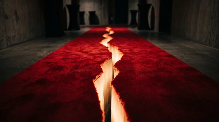A conceptual image of a red carpet split down the middle representing a anonymous silhouettes breakup.
