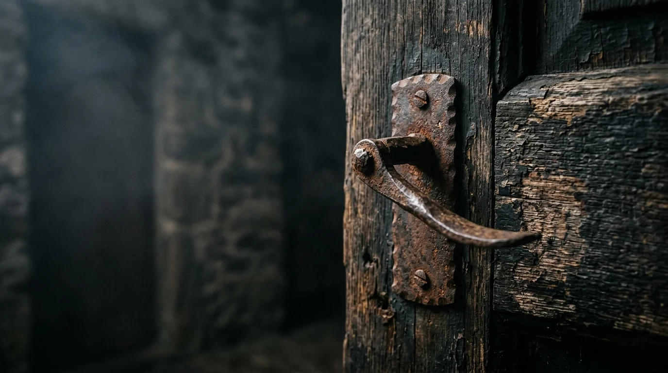 Detailed close-up of a rusted door handle in a dark, atmospheric setting.