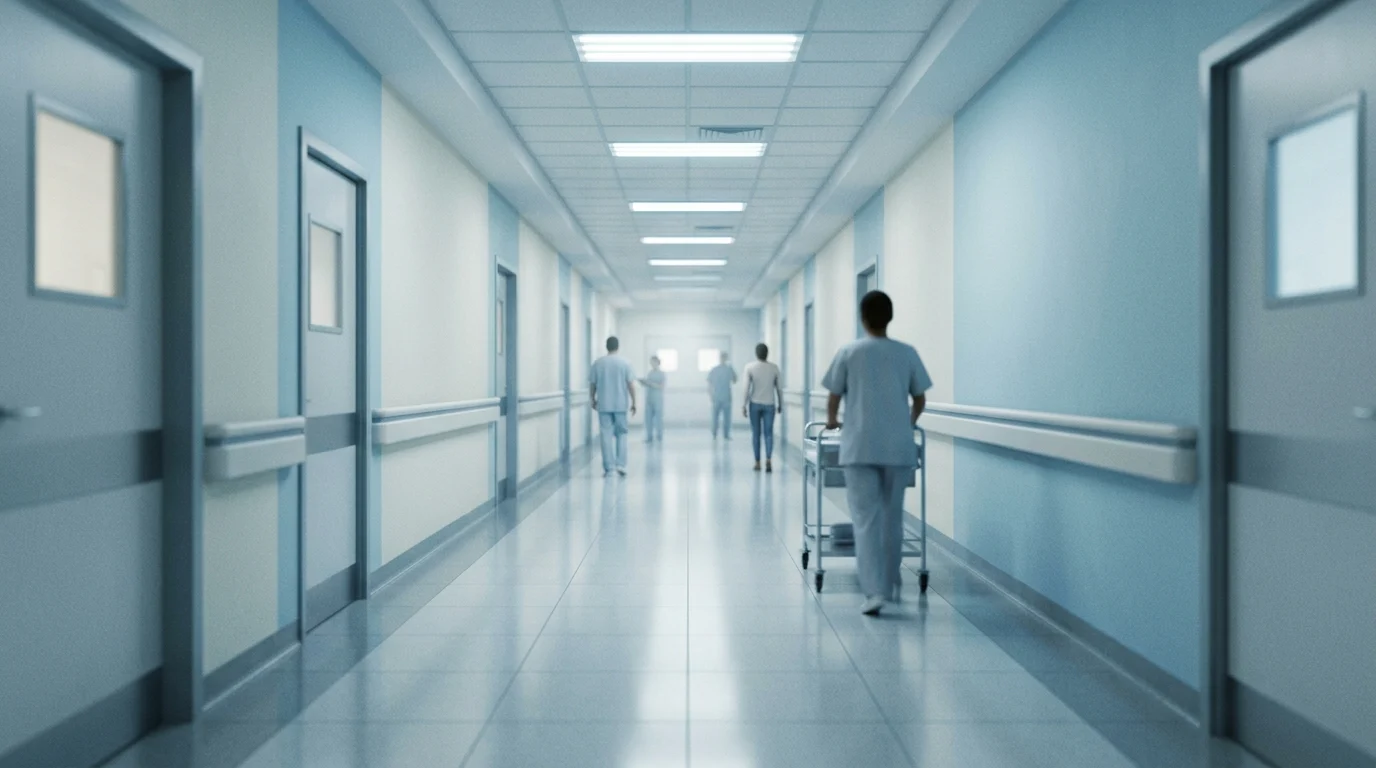 An abstract, soft-focus view of a contemporary hospital hallway