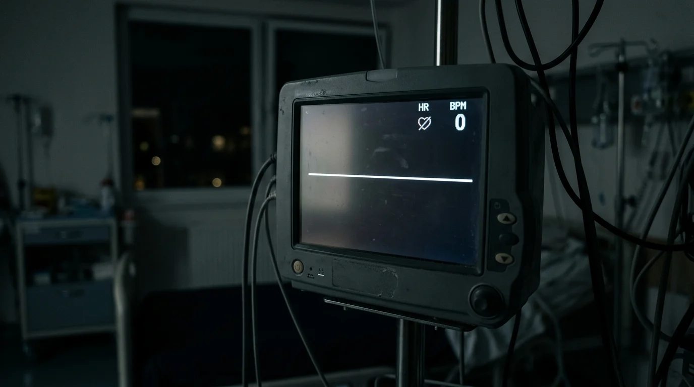 A medical monitor showing a flatline in a darkened room.
