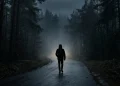 Silhouette of a person walking on a misty road at night.