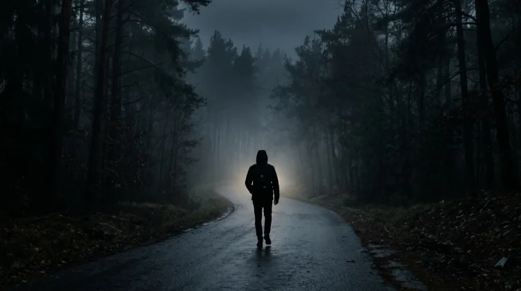 Silhouette of a person walking on a misty road at night.