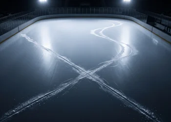 An overhead shot of intersecting ice skate trails on a skating rink.
