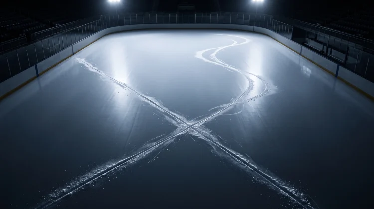 An overhead shot of intersecting ice skate trails on a skating rink.
