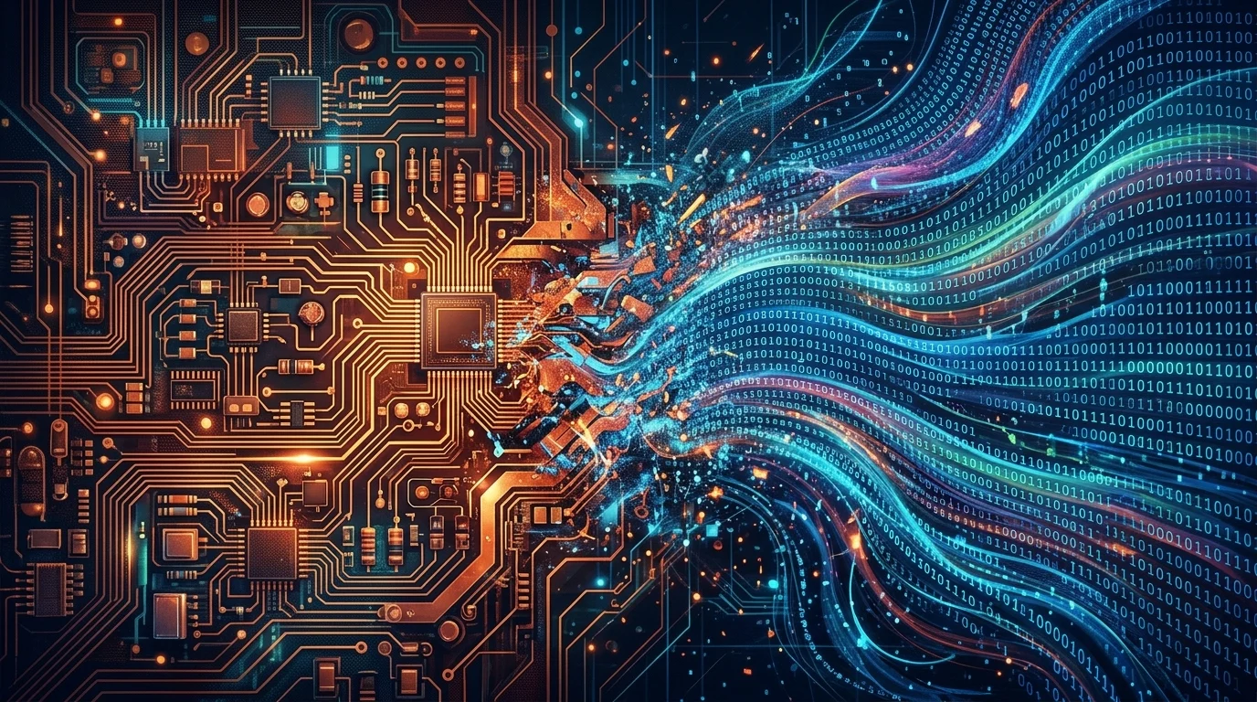 Abstract visualization of software and hardware integration.