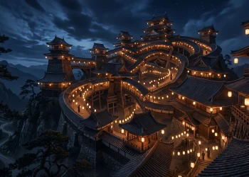 Conceptual art of a shifting Japanese castle at night with lanterns.