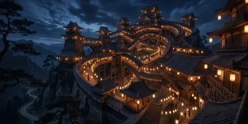 Conceptual art of a shifting Japanese castle at night with lanterns.