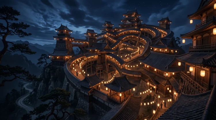 Conceptual art of a shifting Japanese castle at night with lanterns.