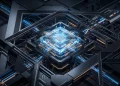 A conceptual 3D render of a glowing microchip representing Intel 18A architecture.