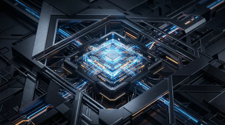 A conceptual 3D render of a glowing microchip representing Intel 18A architecture.