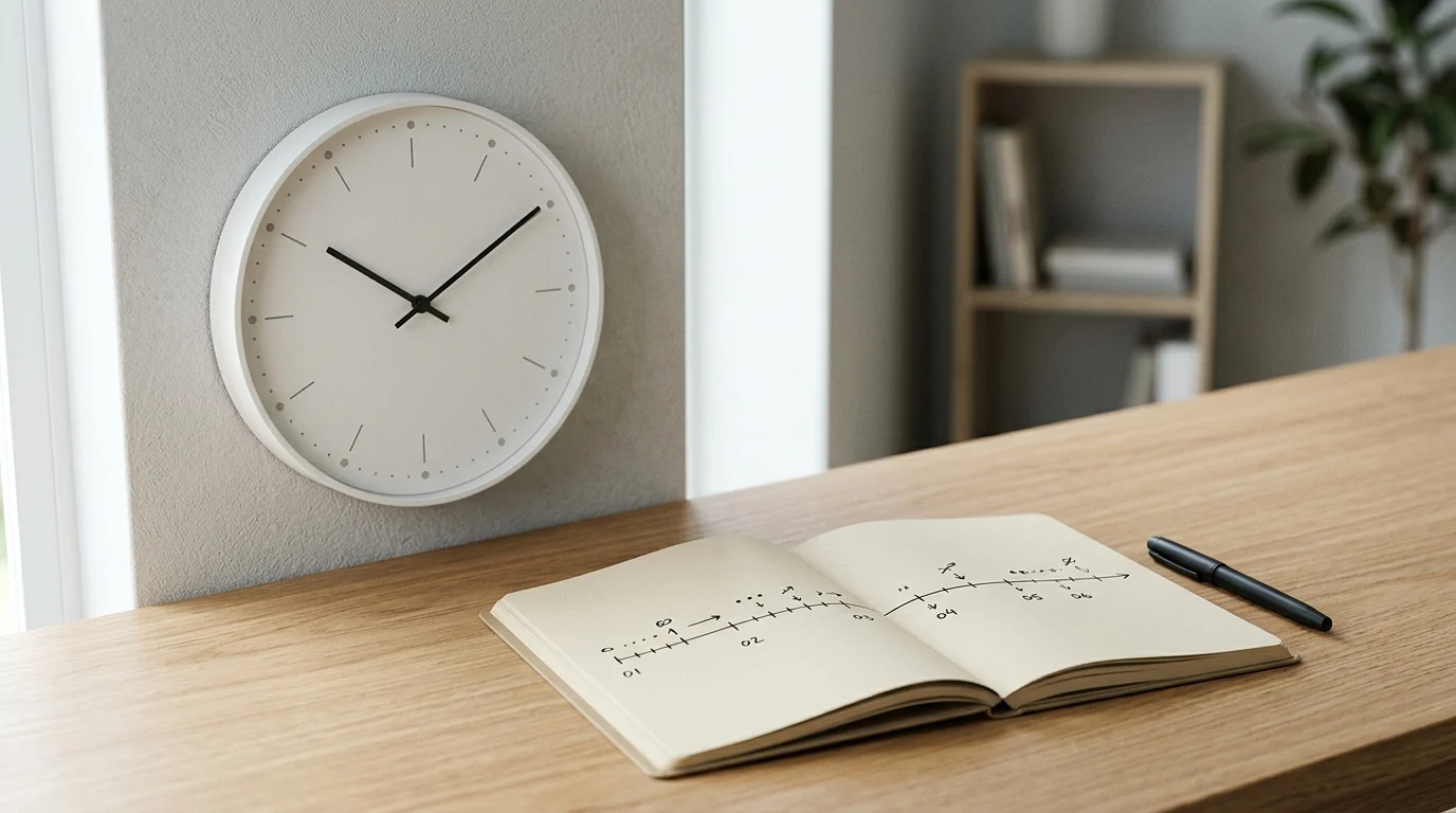 A minimalist clock and notebook representing a timeline of events.