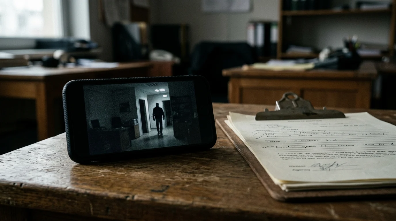 Conceptual image of a smartphone displaying a video still alongside investigative documents.