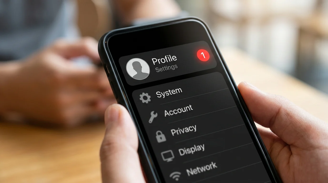 Close-up of a red notification badge on a mobile settings menu.