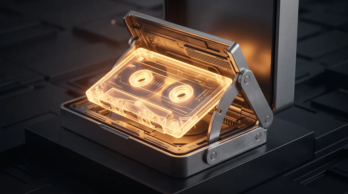Conceptual rendering of a futuristic device hinge acting as a cassette deck.