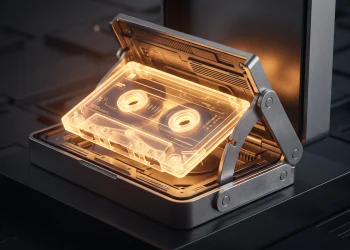 Conceptual rendering of a futuristic device hinge acting as a cassette deck.