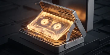 Conceptual rendering of a futuristic device hinge acting as a cassette deck.