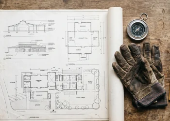 Conceptual image of architectural blueprints and construction tools representing community development.