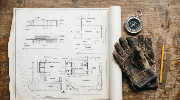 Conceptual image of architectural blueprints and construction tools representing community development.