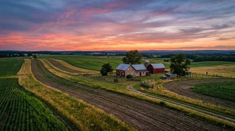 A wide view of a rural farmhouse and large acreage at sunset.