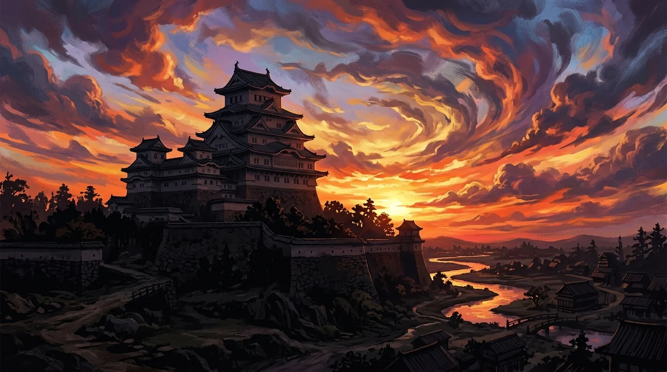 Silhouette of a traditional Japanese castle against a sunset.
