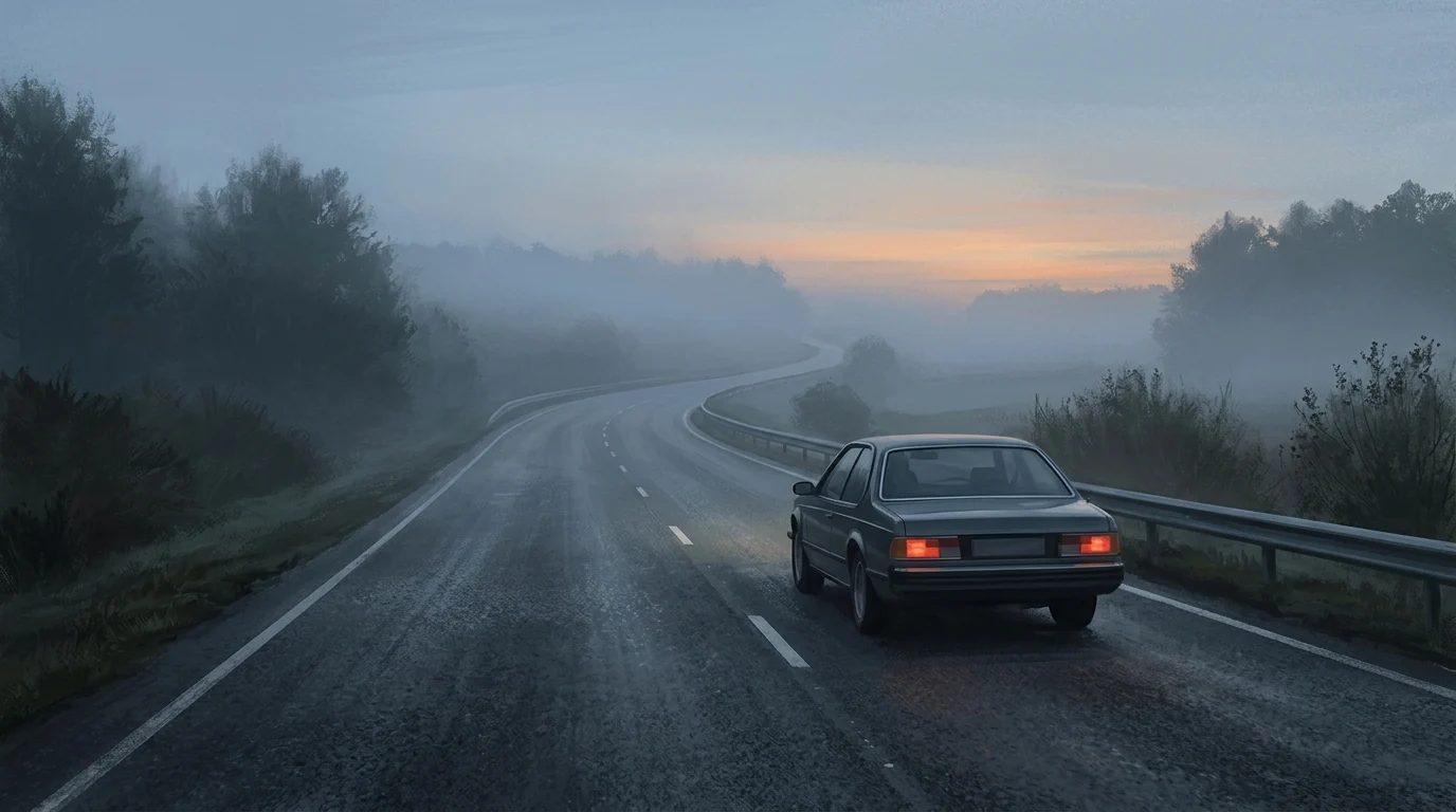 A car driving on a lonely highway in the fog.