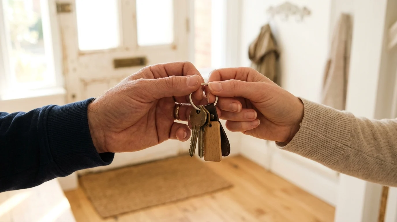 Two people holding house keys together