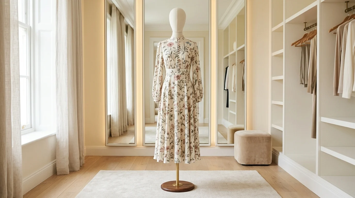 A modest floral dress on a mannequin in a dressing room