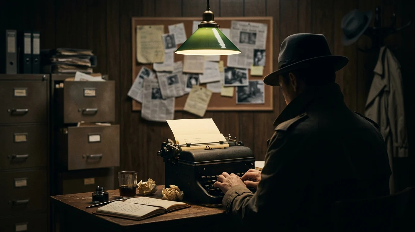 A vintage typewriter in a dark office environment.