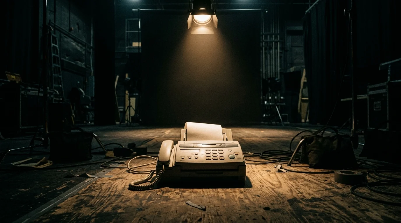 A vintage 1990s fax machine under a studio spotlight.
