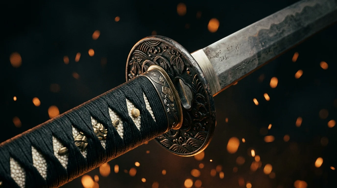 A close-up conceptual image of a Japanese sword handle with glowing embers.