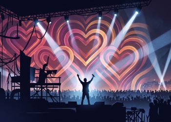 A conceptual stage with spotlights and abstract heart patterns in neon colors.