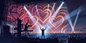 A conceptual stage with spotlights and abstract heart patterns in neon colors.
